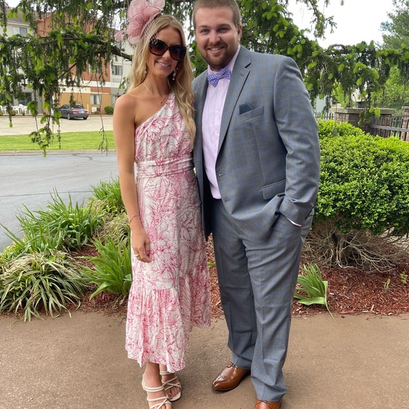 Express Printed One Shoulder Puff Sleeve Ruffle Hem Midi Dress - Picture 2 of 3